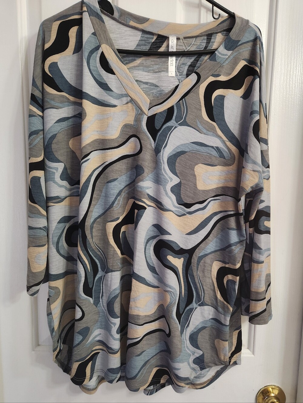 Scarlett V-Neck Tunic with Abstract Swirl Print in Blue, Gray and Cream